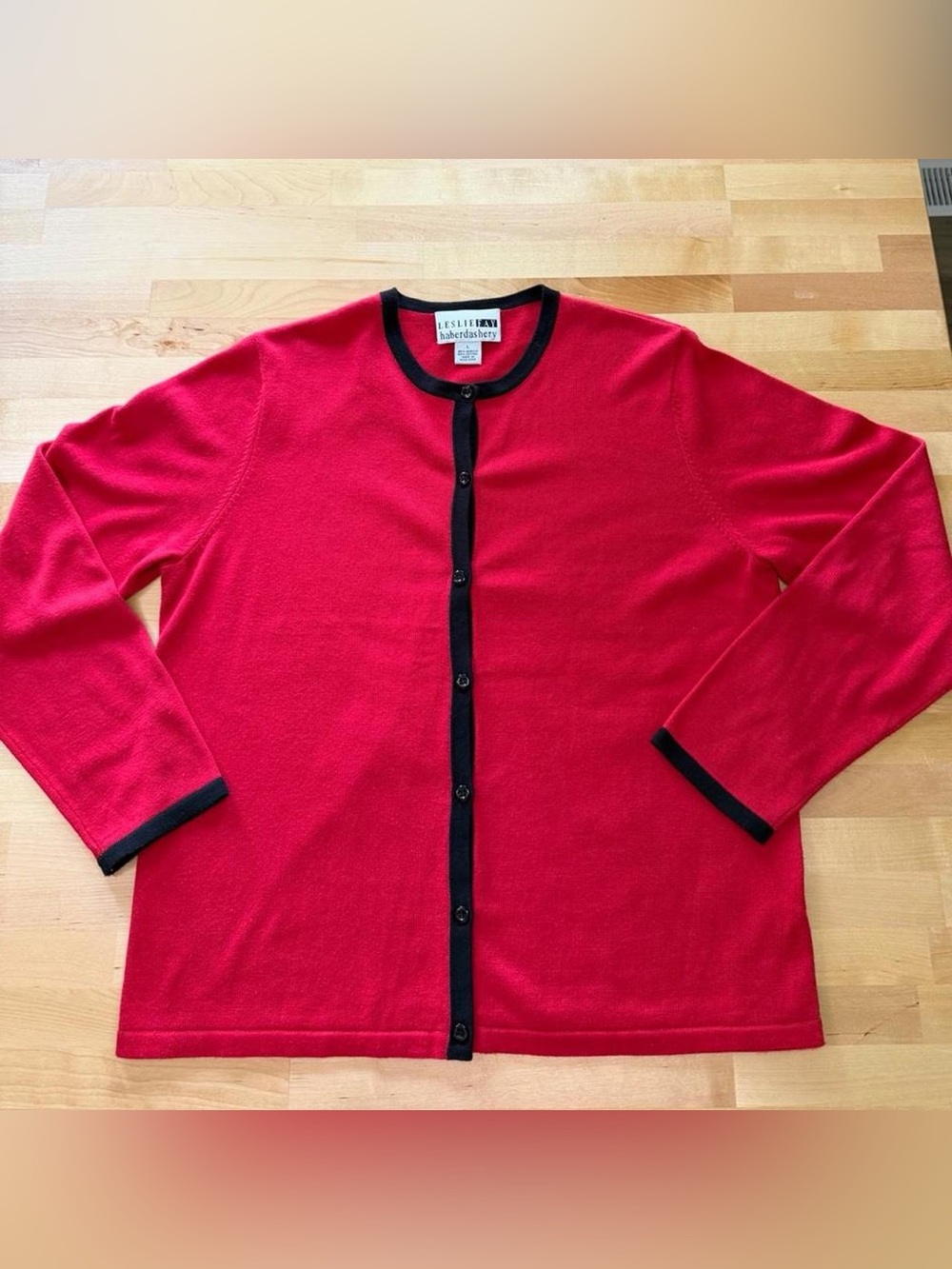 Vintage Leslie Fay Haberdashery Red Black Cardigan Sweater Size L 90s Preppy
